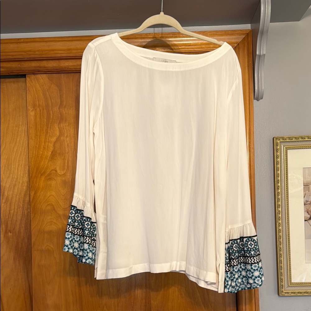 NWT LOFT Brand Elegant White Blouse with Gorgeous Blue Embroidered Accents